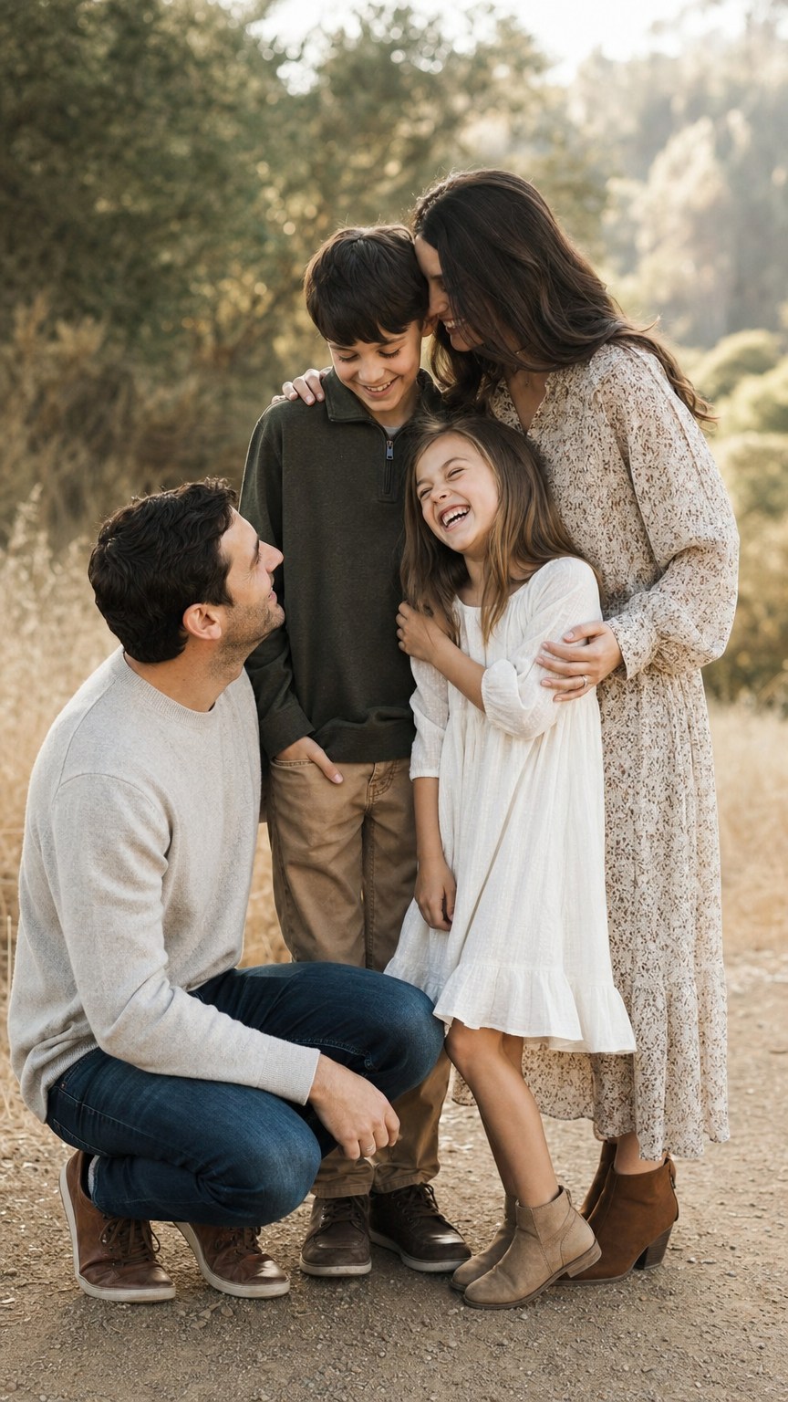 Family posed at staggered heights with hands resting naturally on shoulders