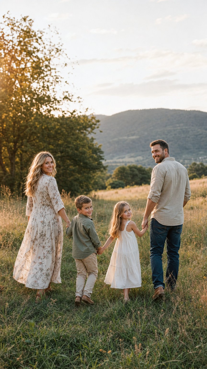 Family walking hand in hand through a field at golden hour, outdoor family photo pose