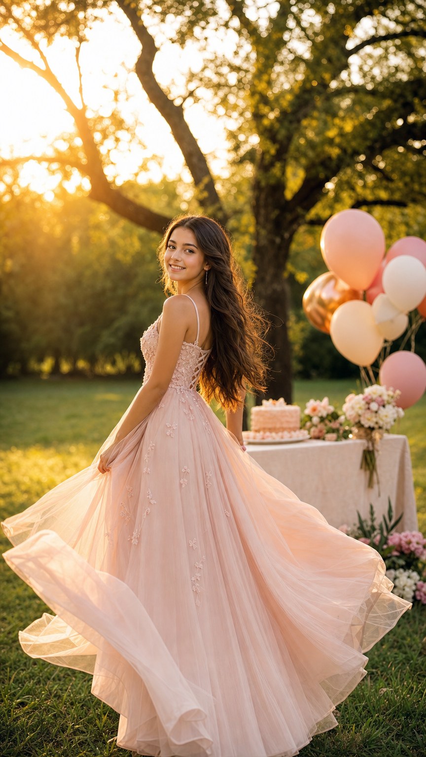 Teen girl backlit by golden hour sun in a park during an outdoor birthday photoshoot