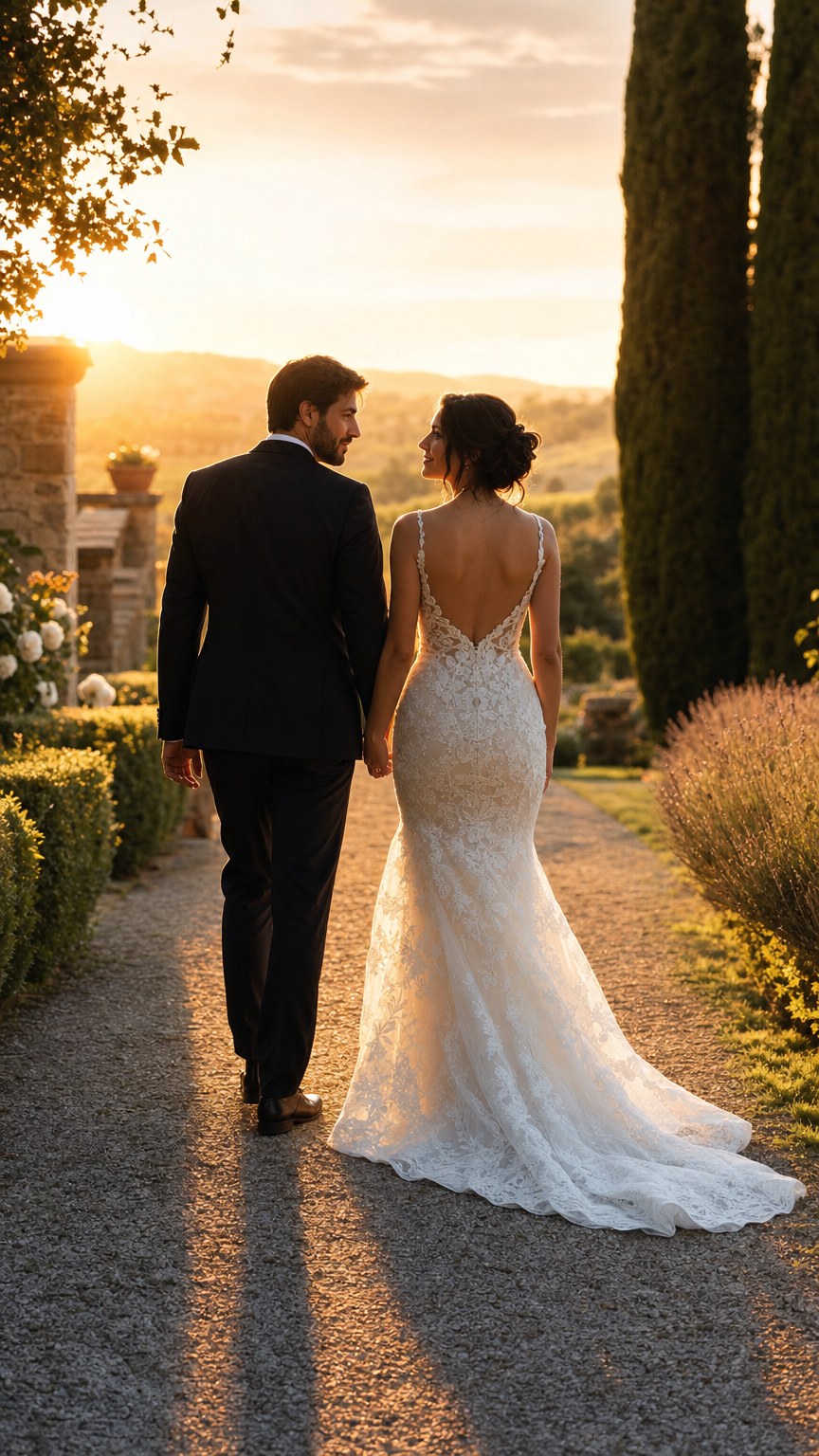 Wedding couple walking a garden path at golden hour, glancing back at each other
