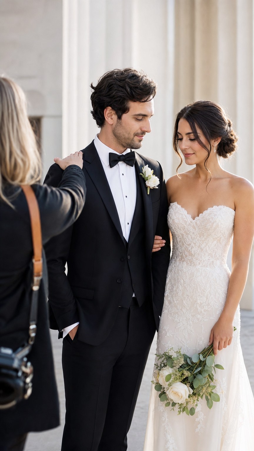 Photographer adjusting a wedding couple's pose in natural light before a portrait