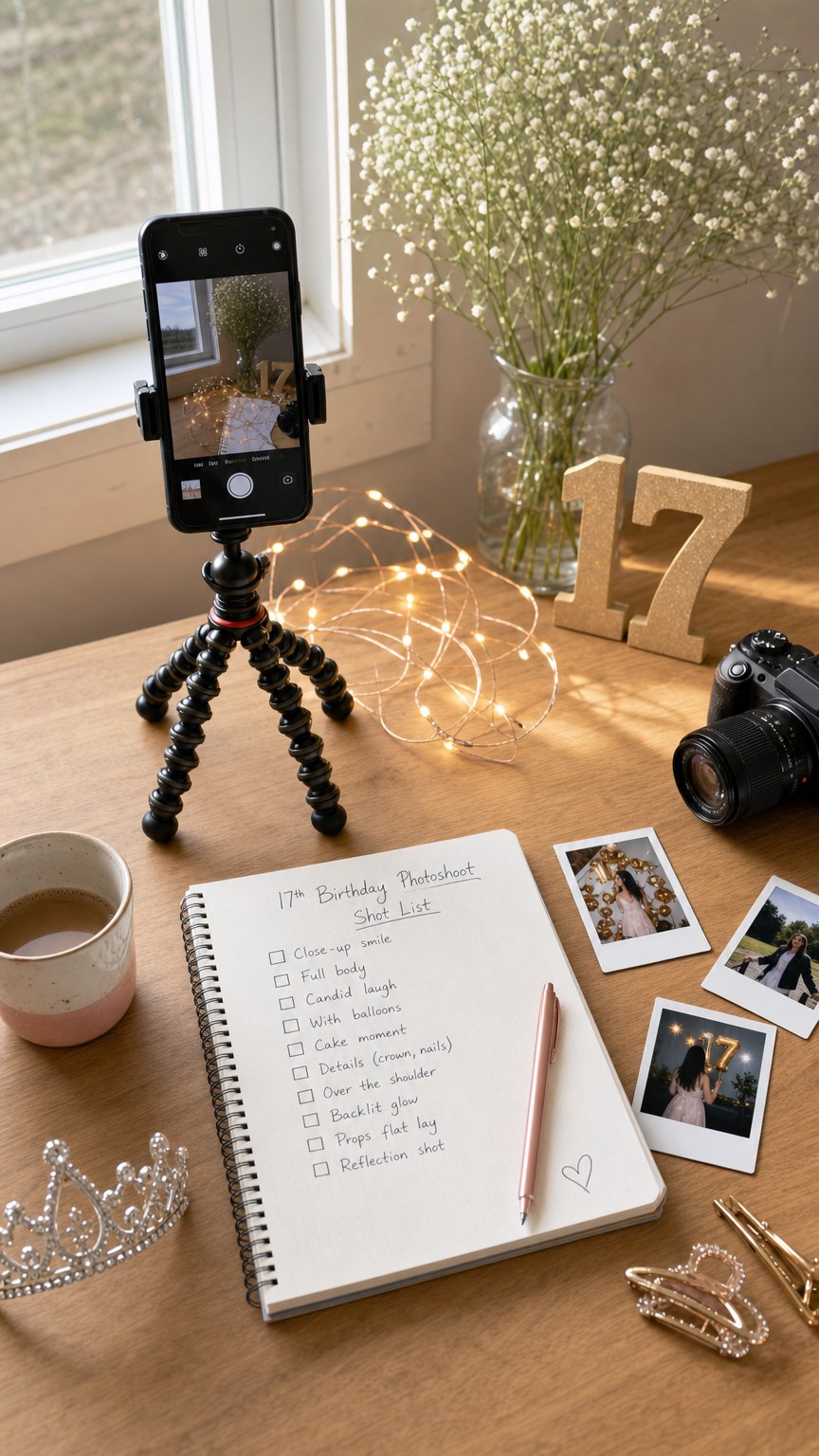 Smartphone on tripod with shot list and string lights, birthday photoshoot planning flatlay