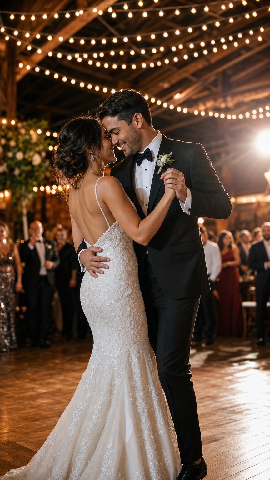 Couple in a first dance hold under string lights at a wedding reception