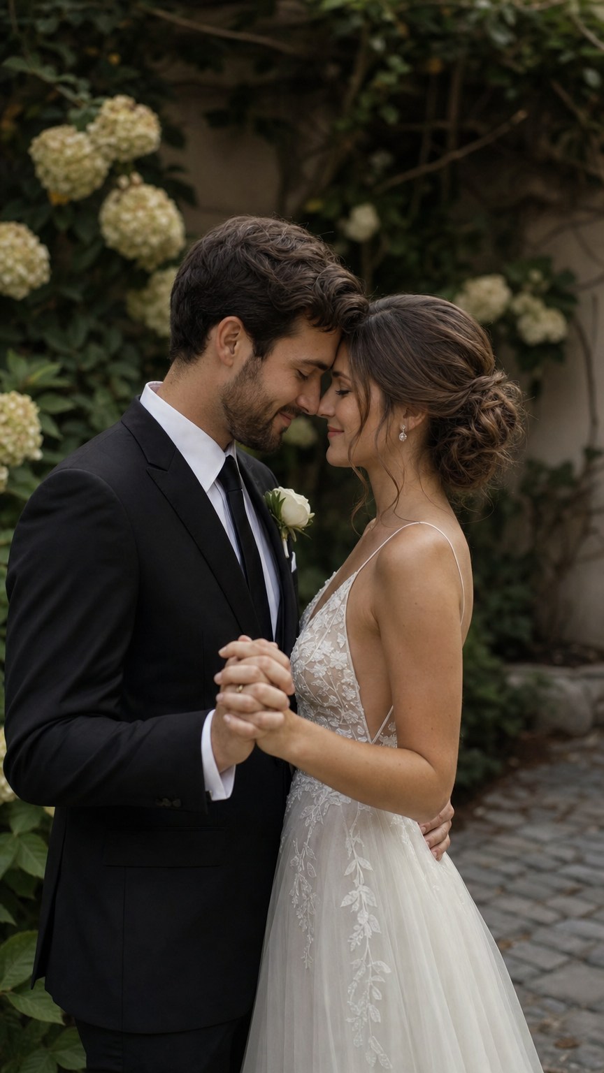 Wedding couple in a slow dance hold with foreheads touching in a garden