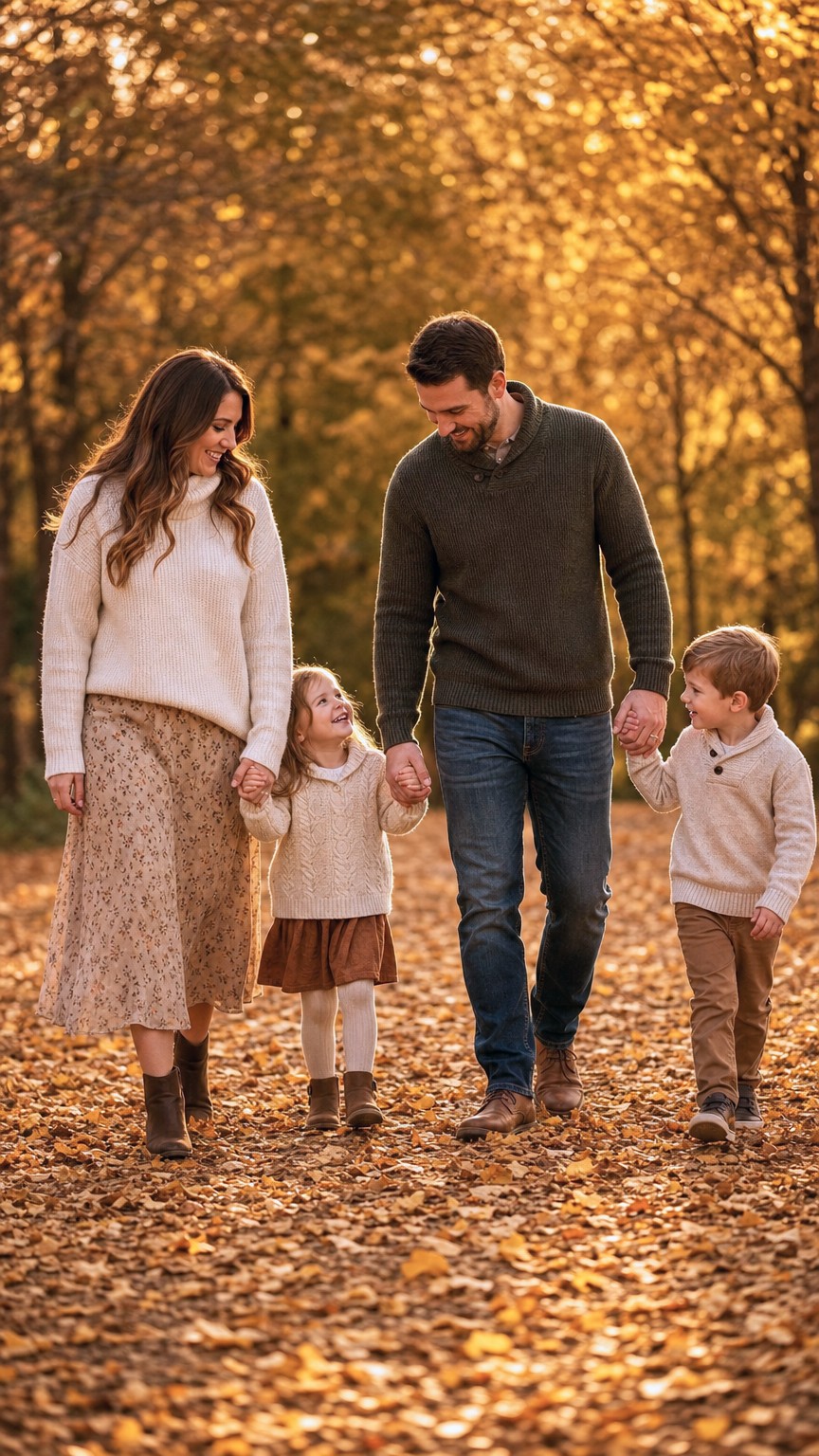 Family walking together on a path covered in autumn leaves, fall family photo pose