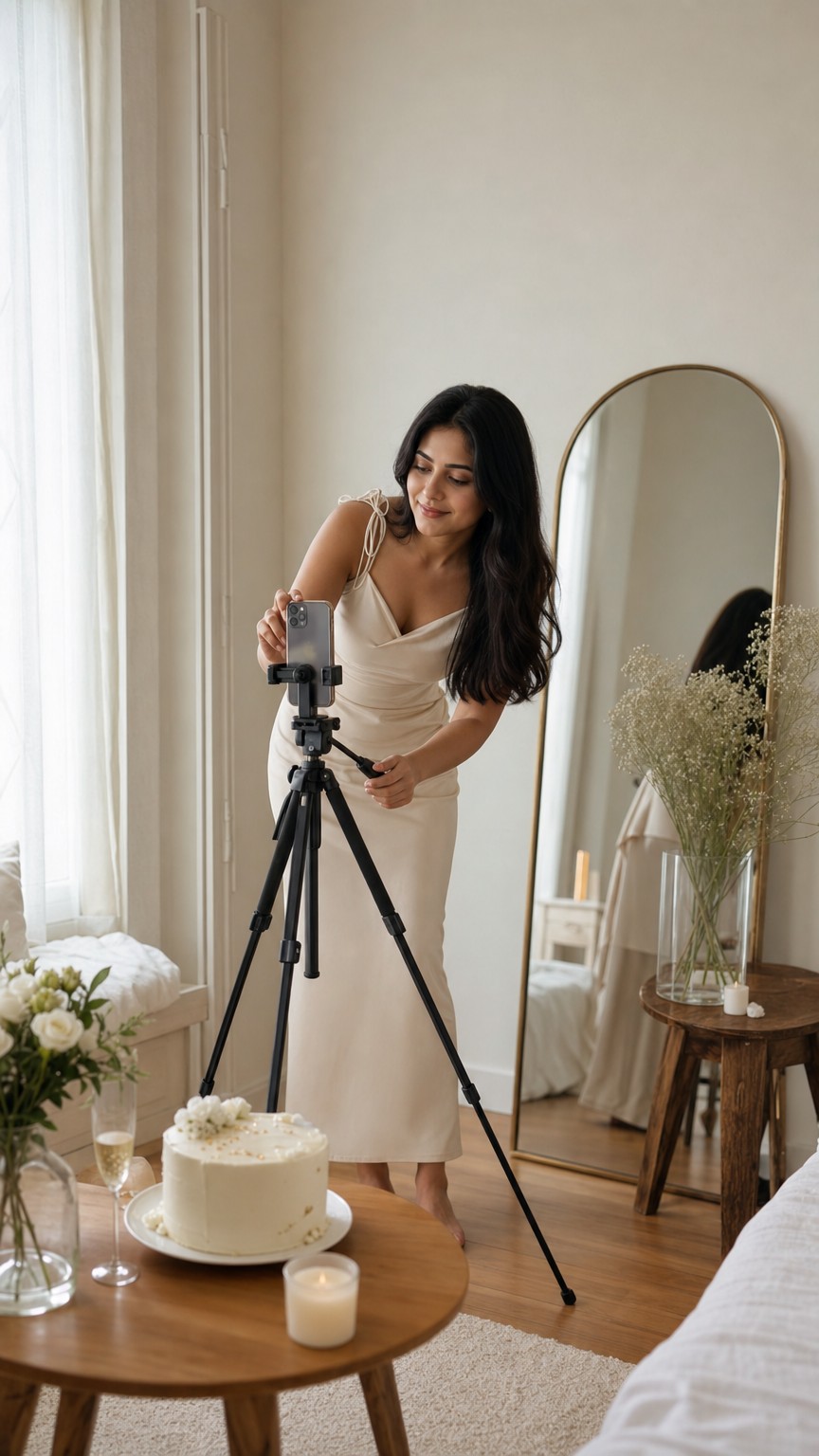 Woman setting up a tripod and phone for a solo birthday photoshoot in natural light
