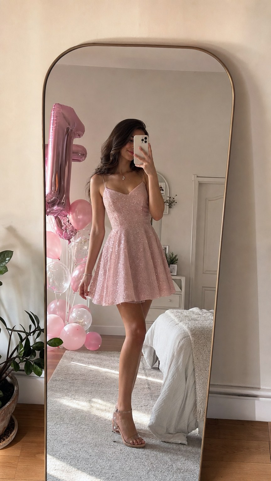 Teen girl taking a mirror selfie during a solo birthday photoshoot at home