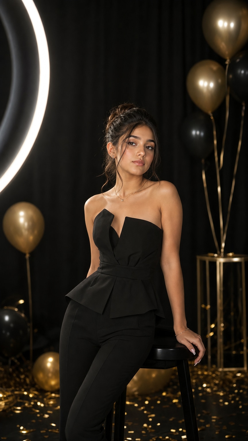 Teen girl posing against a black and gold studio backdrop for a birthday photoshoot
